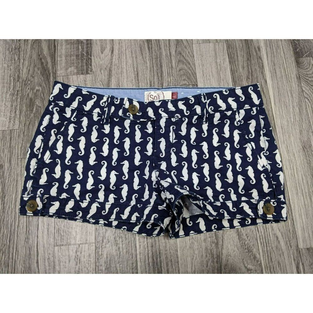 (3/$27) SO Juniors Size 3 Pockets Seahorse Pattern Navy Blue White Short Shorts